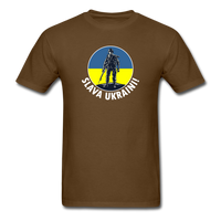Load image into Gallery viewer, Slava Ukraini With Soldier Unisex Classic T-Shirt - brown

