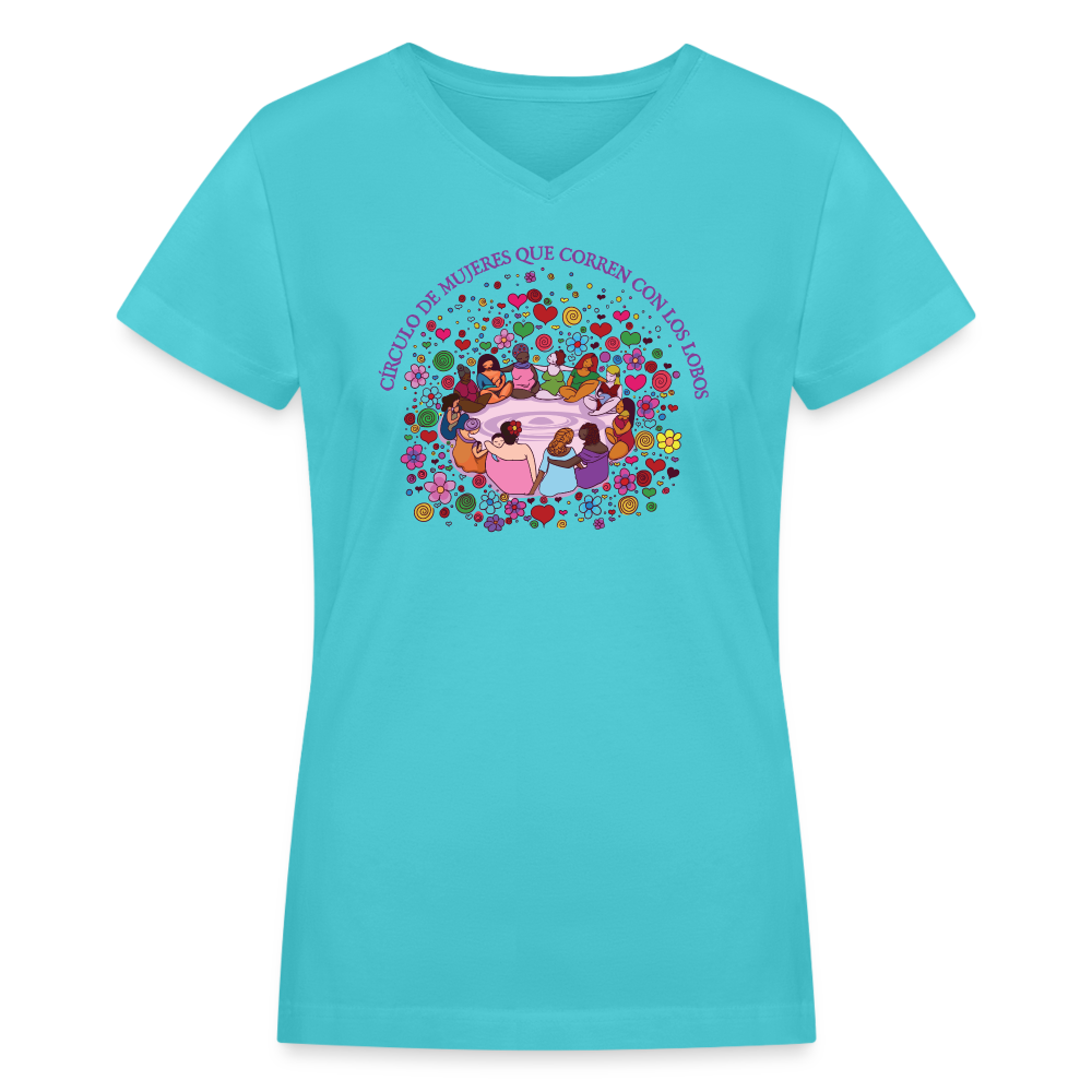 Leti's: Circulo De Mujeres Que Corren Con Los Lobos Women's V-Neck T-Shirt Women's V-Neck T-Shirt - aqua